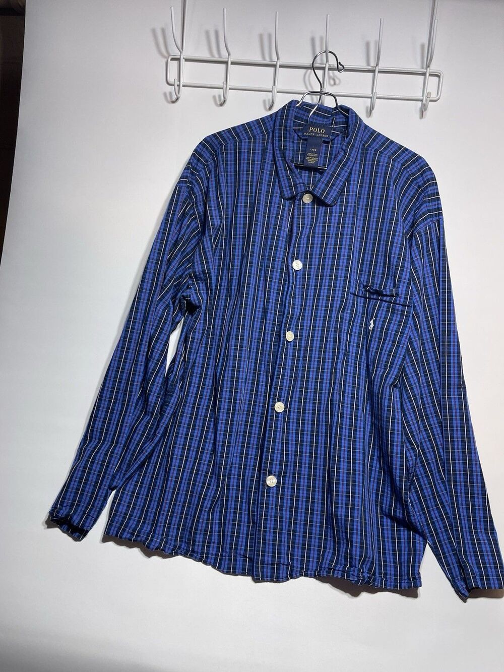 polo ralph lauren Pajama shirt men Size Large Blue Plaid #0258